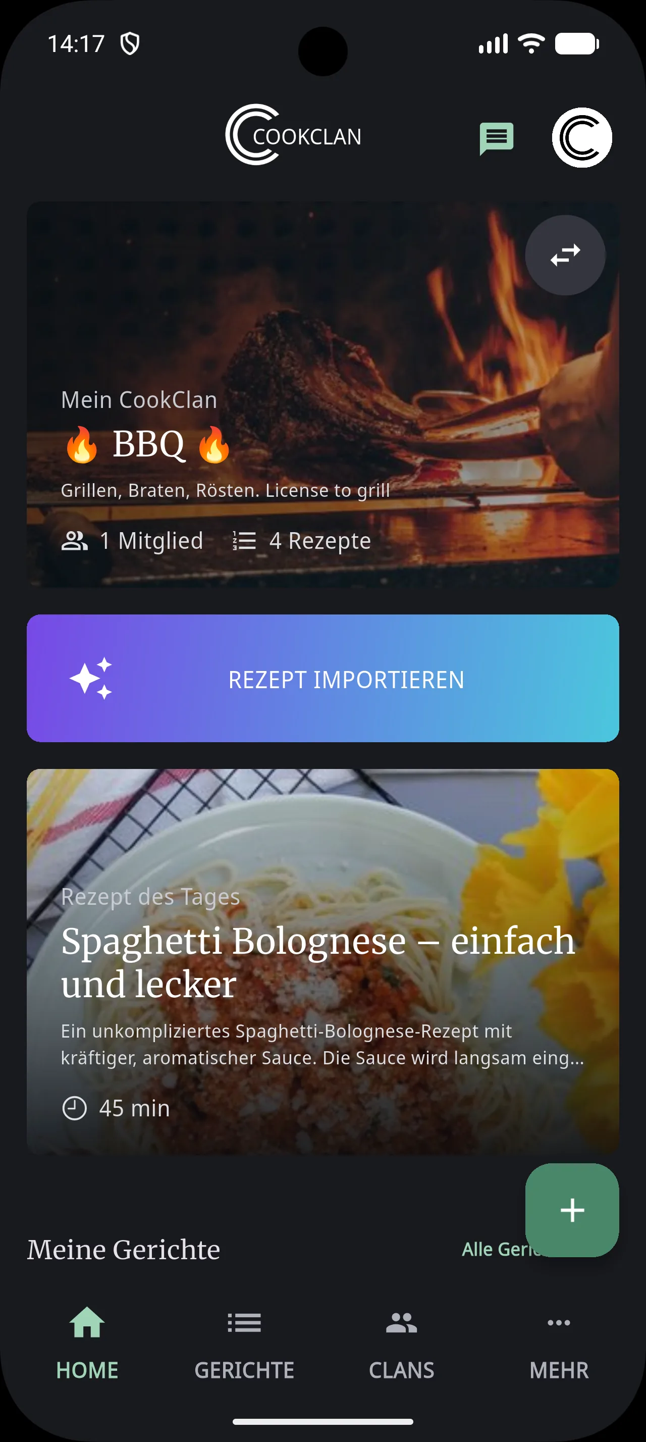 CookClan Startseite mit Rezepten und Clans